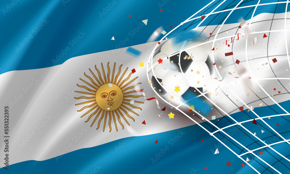 Poster The ball in the soccer net. Goal vector concept with flag of Argentina. 3d vector banner with blur effect
