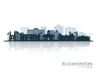 Bloemfontein skyline silhouette with reflection. Landscape Bloemfontein, South Africa. Vector illustration.