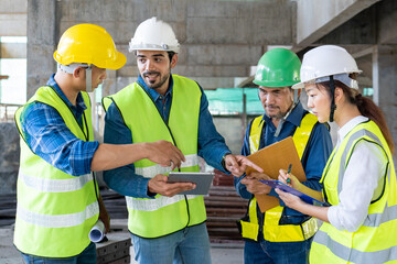 team of civil engineer manager, maintenance supervisor, professional technician foreman together...