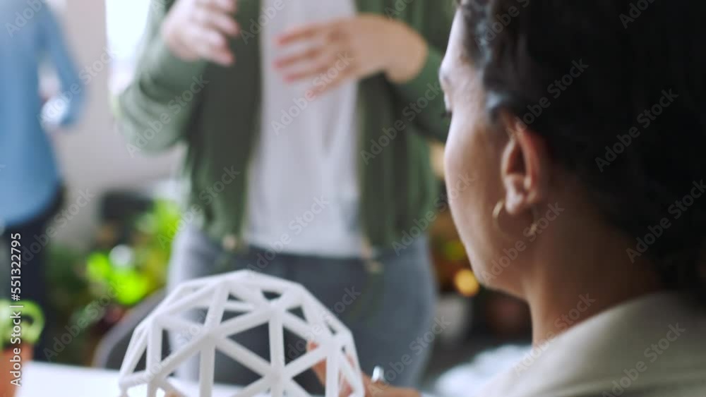 Poster Architecture model, business meeting and engineer woman talking about 3d graphic plan. Engineering, teamwork and architecture team working and planning a collaboration strategy with product design