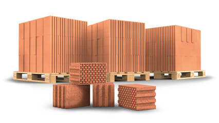 Bricks on a pallet, hollow bricks for building a house.
