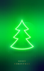 Christmas tree green neon lighting shape. Shiny signboard on green wall background. Season winter holiday. Symbol of Christmas and New Year.