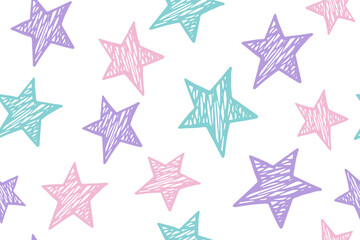 Scribble stars grunge vector seamless pattern. Cosmos background.