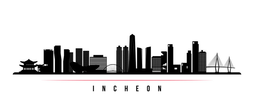 Incheon skyline horizontal banner. Black and white silhouette of Incheon, South Korea. Vector template for your design.