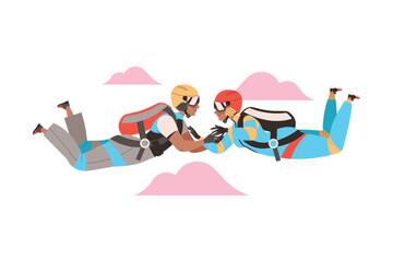 Man and Woman Characters Skydiving Falling Down with Parachute in Tandem Vector Illustration