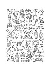 Nautical icons of navigator, ship and captain, lighthouse and sailor. Art background. Colouring style for your design