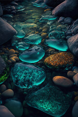 Fototapeta na wymiar Beautiful transparent stone in a mountain stream, teal color, closeup, wallpaper, background