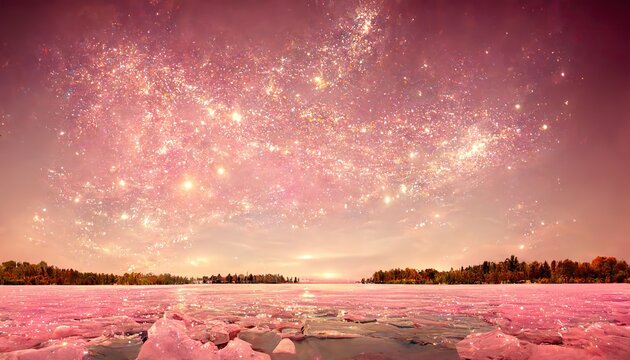 Golden And Pink Aurora Borealis Over The Lake, Winter Wonderland