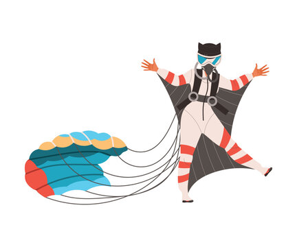 Woman Character in Wingsuit and Helmet Skydiving with Parachute Vector Illustration