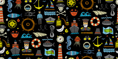 Nautical icons of navigator, ship and captain, lighthouse and sailor. Seamless pattern background for your design
