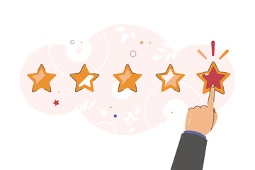 Customer experience or customer review by giving rating 5 stars concept. Good rate, positive experience. Feedback, reputation and quality concept. and pointing, finger push to one star rating. 