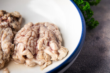 raw brain pork offal fresh meat meal food snack on the table copy space food background rustic top view