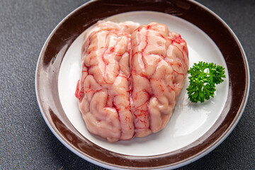 raw brain pork offal fresh meat meal food snack on the table copy space food background rustic top view