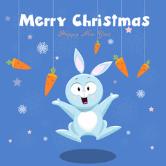 Christmas card with cartoon hare and puzzles, vector graphics, New year