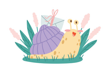 Cute Snail Character with Coiled Shell Carrying Letter Envelope on Its Back Crawling on the Grass Vector Illustration