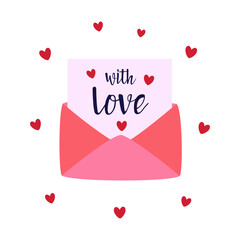 cartoon greeting card of envelope with lettering and hearts