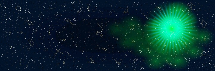 Fototapeta na wymiar Abstract Panoramic Sky Map of Hemisphere with Green Christmas Illumination. Constellations on Night Starry Background. Raster. 3D Illustration