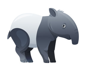 Cute Malayan Tapir Standing as Asian Animal with White Patch and Short Nose Trunk Vector Illustration