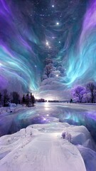 Beautiful northern lights on the sky in purple and blue colors, winter wonderland landscape, Christmas and New Year card background 