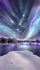 Magical aurora lights on the sky in purple and blue colors reflecting on the lake, Christmas and New Year card background 