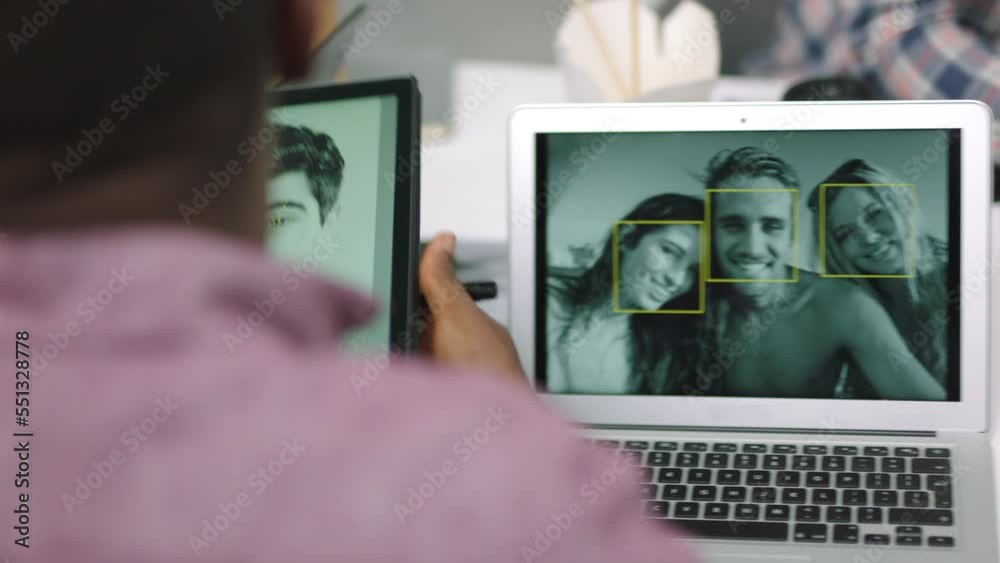 Poster facial recognition software, tablet and business people in meeting or engineers developing app for m