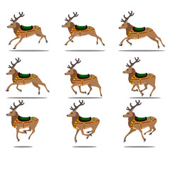 Reindeers in different running poses isolated on white