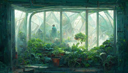 Fototapeta na wymiar Fully grown plants inside of a greenhouse design illustration