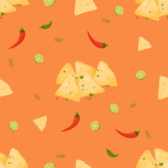 Seamless pattern with Mexican Quesadilla on orange background with pieces of chili pepper and lime. Vector endless background with national latin american cuisine for culinary design.