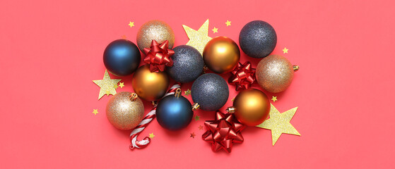 Beautiful Christmas decorations on red background
