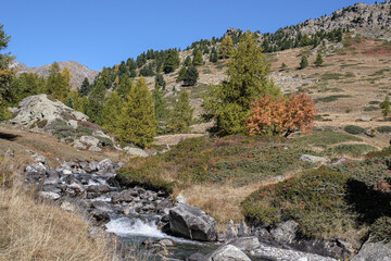 View of Claree river in Claree valley with Massif de Cerces mountains on either site, near Navache village and Briancon, Hautes-Alpes department, France
