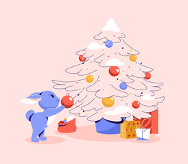 Cute blue bunny with ball in his hands is decorating Christmas tree. Symbol of year 2023, year of rabbit according to lunar calendar. Vector flat illustration isolated on pink background