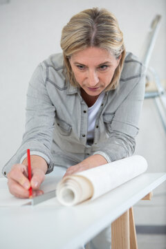 Woman Preparing Wallpaper To Redecorate Her Home