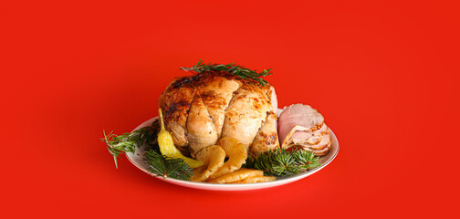 Plate with Christmas ham on red background
