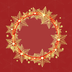 Beautiful festive frame on a red background with golden snowflakes in a circle, Round red frame with space for a copy.