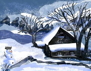 Winter, snowmen and little house