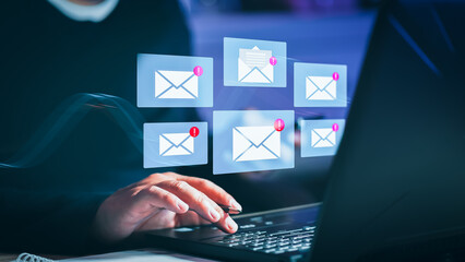 email marketing concept, company sending many e-mails or digital newsletter to customers. Mail...