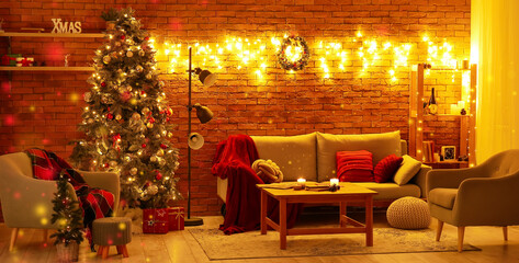 Interior of cozy living room with sofa, Christmas tree and glowing lights at night