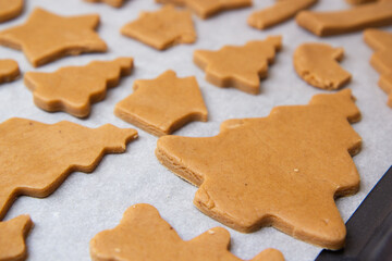 christmas gingerbread on a white parchment on a baking sheet