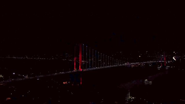 Aerial view of lightning strike behind Istanbul Bosporus strait bridge at night