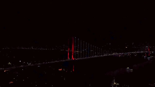 Aerial view of lightning strike behind Istanbul Bosporus strait bridge at night