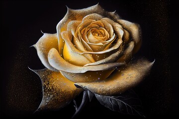  a yellow rose with water droplets on it's petals and a black background with a black background and a white rose with water droplets on it. Generative AI