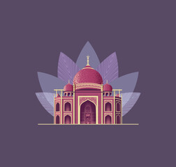 Taj Mahal mausoleum mosque on the background of a lotus flower. Building logo.