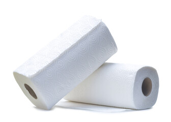 two rolls of long white tissue paper or napkin for use in toilet or restroom isolated on white background with clipping path