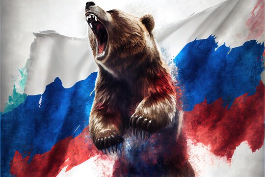  a bear with its mouth open standing in front of a flag of the russian state of bears. Generative AI