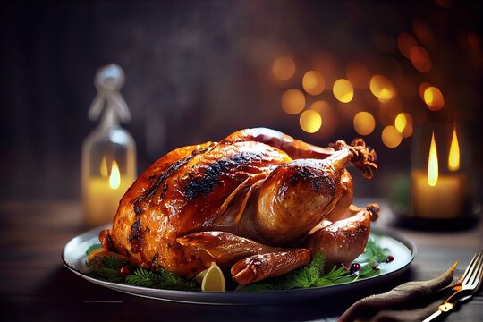  a roasted turkey on a plate with a candle and fork on the side of the plate and a bottle of wine in the background. Generative AI