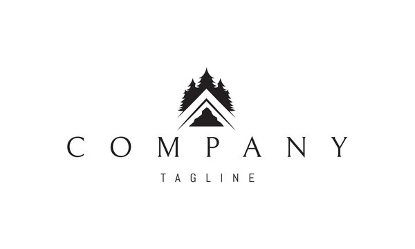 Vector logo on which an abstract image of the roof of a house with pine trees on top and a mountain below.