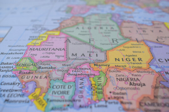 Mali Travel Concept Country Name On The Political World Map Very Macro Close-Up View Stock Photograph