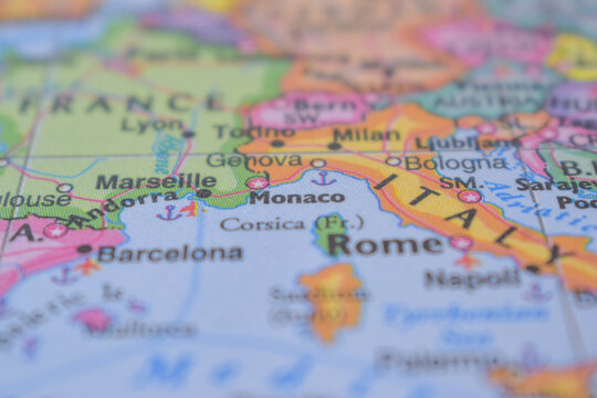 Monaco Travel Concept Country Name On The Political World Map Very Macro Close-Up View Stock Photograph