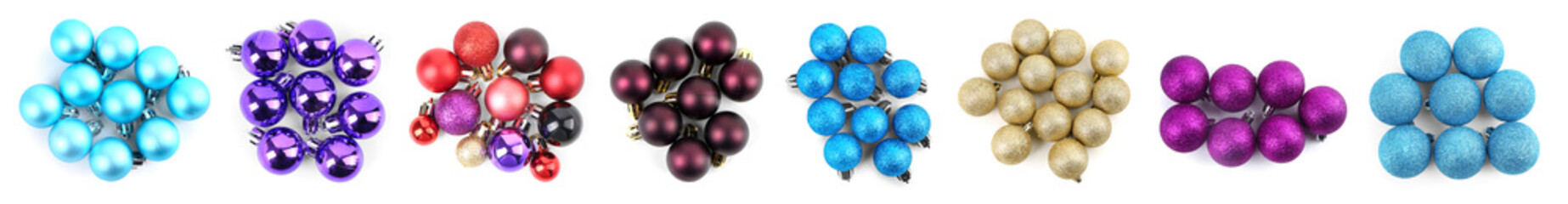 Set of many different Christmas balls isolated on white, top view