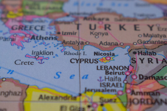 Cyprus Travel Concept Country Name On The Political World Map Very Macro Close-Up View Stock Photograph